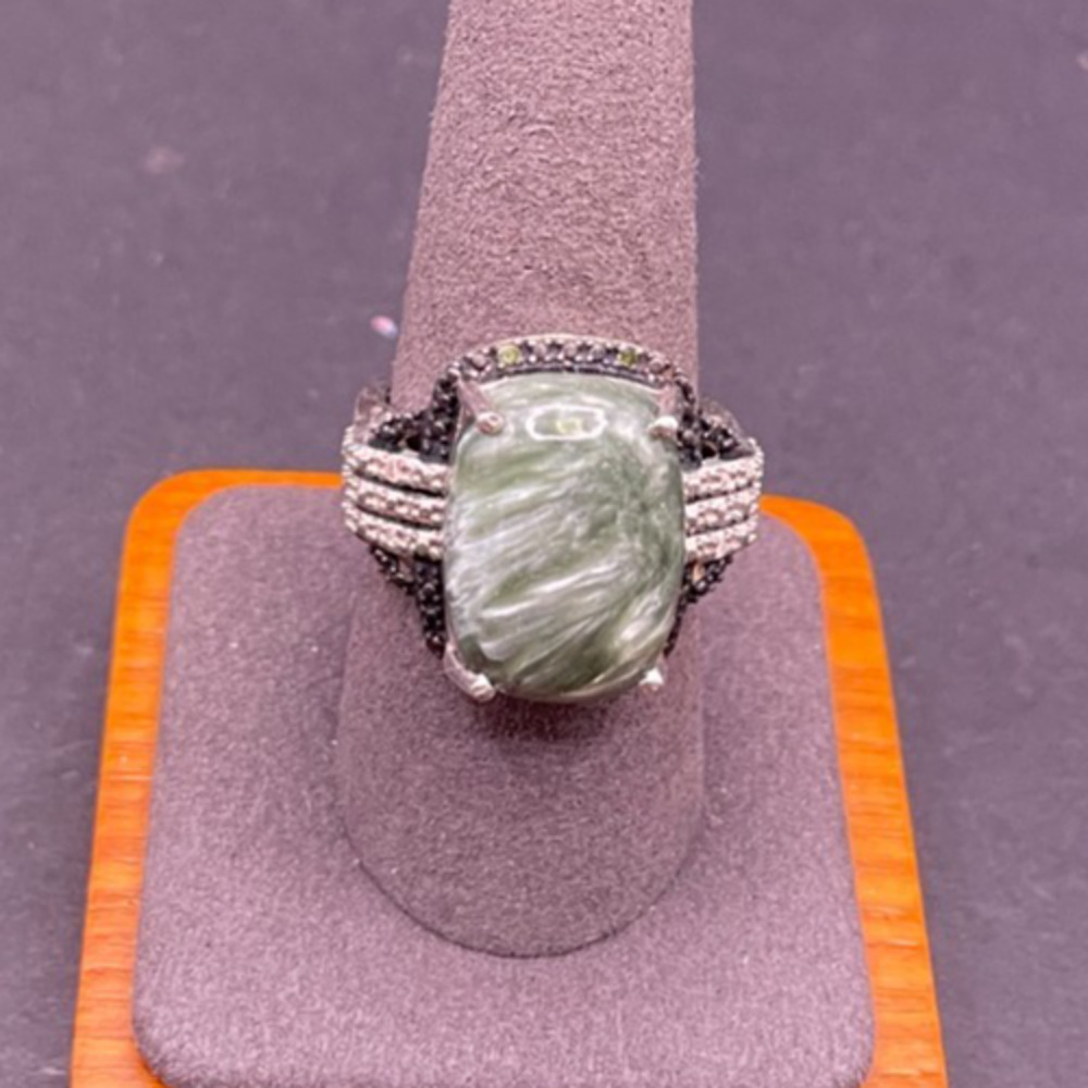 925 Sterling Silver Green Seraphinite Statement Ring Size 8.75 Marcasite Accent